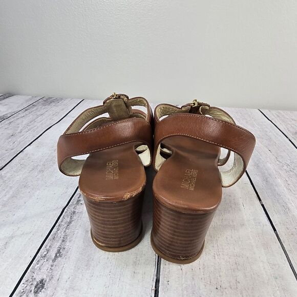 Michael Kors Berkley T- Strap Tan Leather Wedge Sandals - Picture 4 of 8